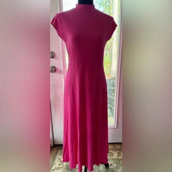 hot pink dress for women Hot Pink Satin A-line Scoop Long Prom Dresses, Evening Dress With Slit,  MP704 main image 0
